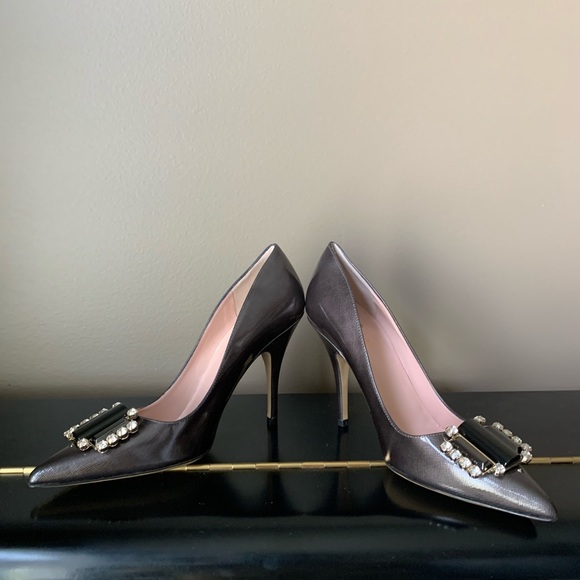 NEW! Laylee grey/saffiano patent. KATE SPADE CRYSTAL EMBELLISHED HEELS. - Picture 5 of 6